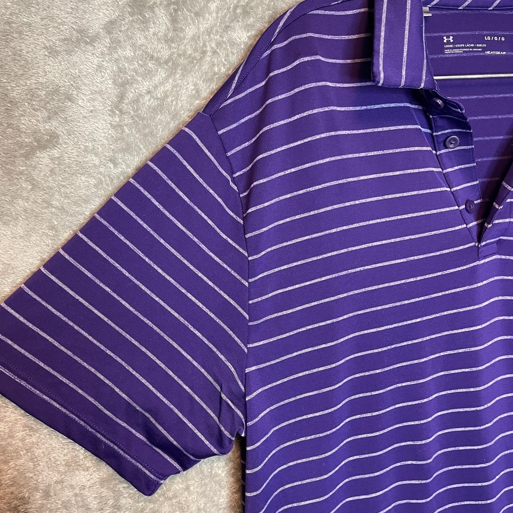 UA Under Armour Men Loose Heatgear Striped Performance Golf Polo Shirt L Purple